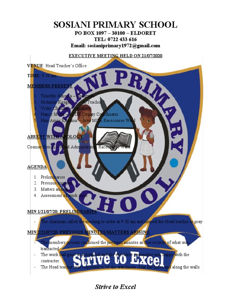 Sosiani Primary School PO BOX 1097 30100 ELDORET TEL 0722 433 616