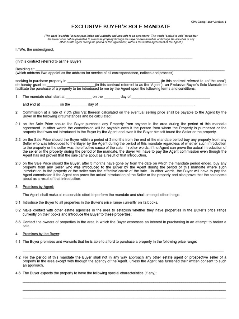 CPA Compliant Exclusive Buyer S Sole Mandate 1 PDF Sales Economies