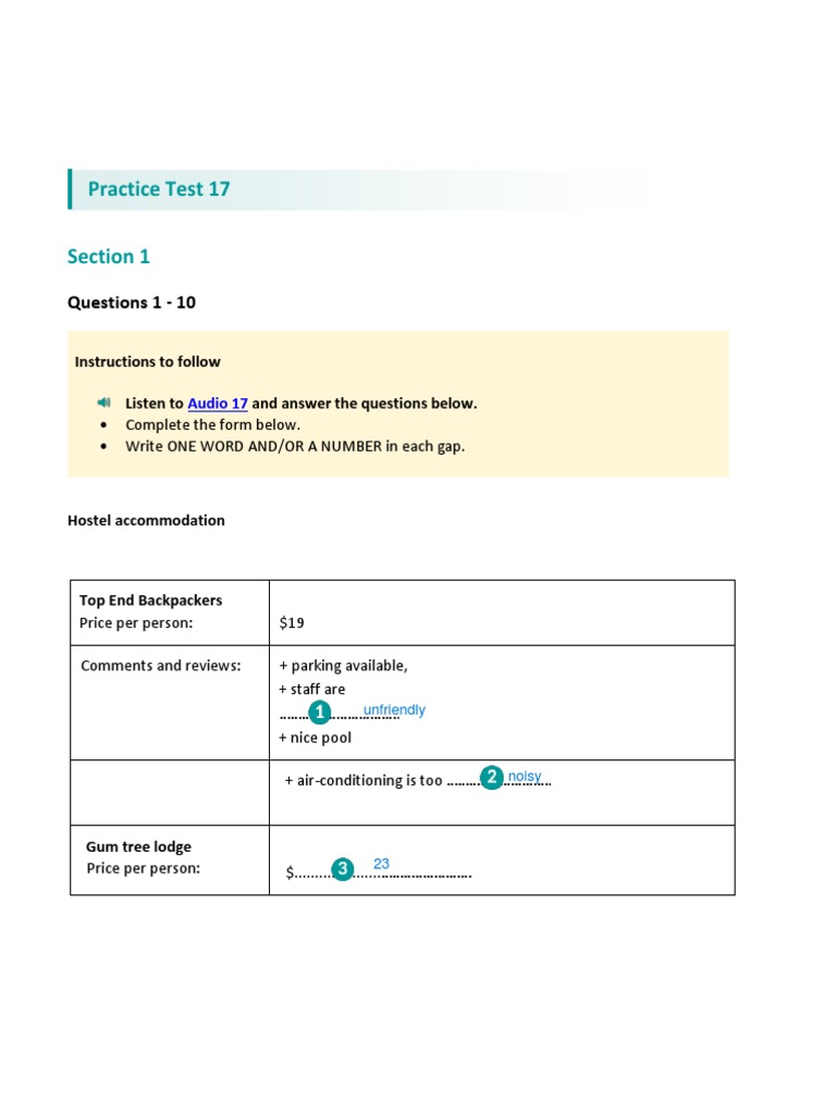Test 17 Listening Actual Test Ans | PDF | Hostel