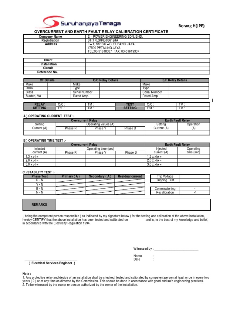 Overcurrent and Earth Fault Relay Calibration Certificate PDF Relay
