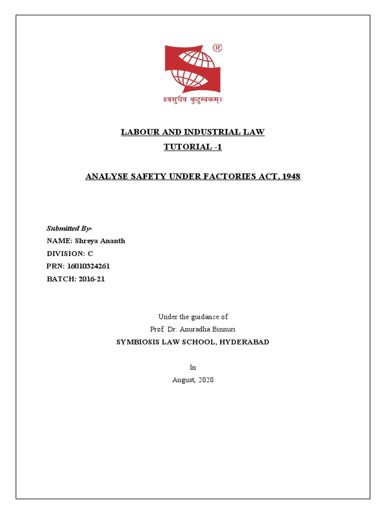 Labour and Industrial Law Tutorial 1 Analyse Safety Under Factories