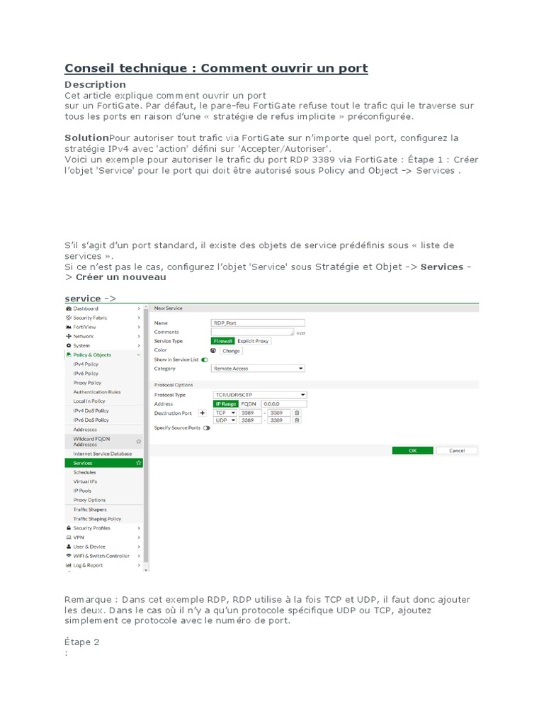 Guide FortiGate : Ouvrir un Port | PDF | Pare-feu (informatique ...