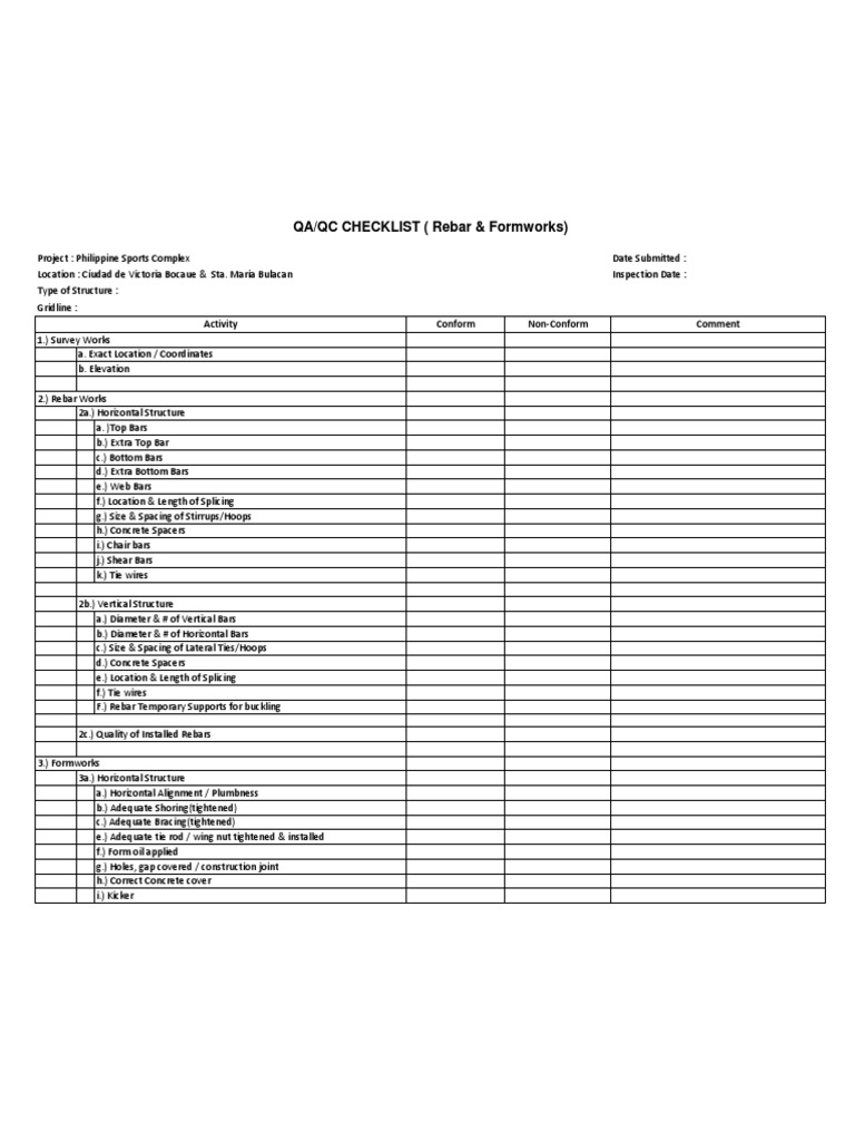 Rebar and Formwork Checklist PDF