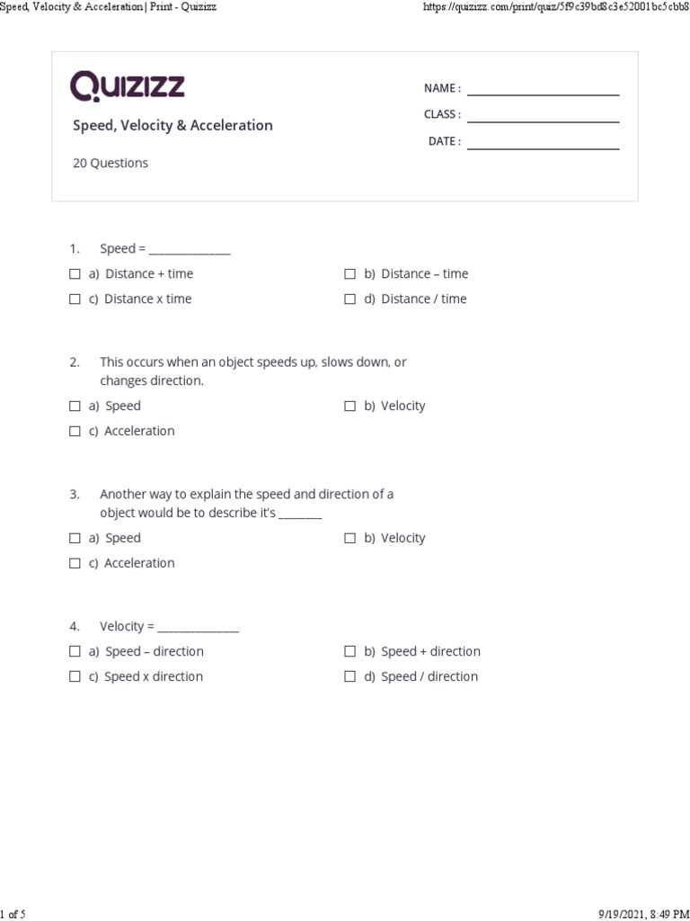 Speed, Velocity & Acceleration Quizizz PDF Acceleration Force