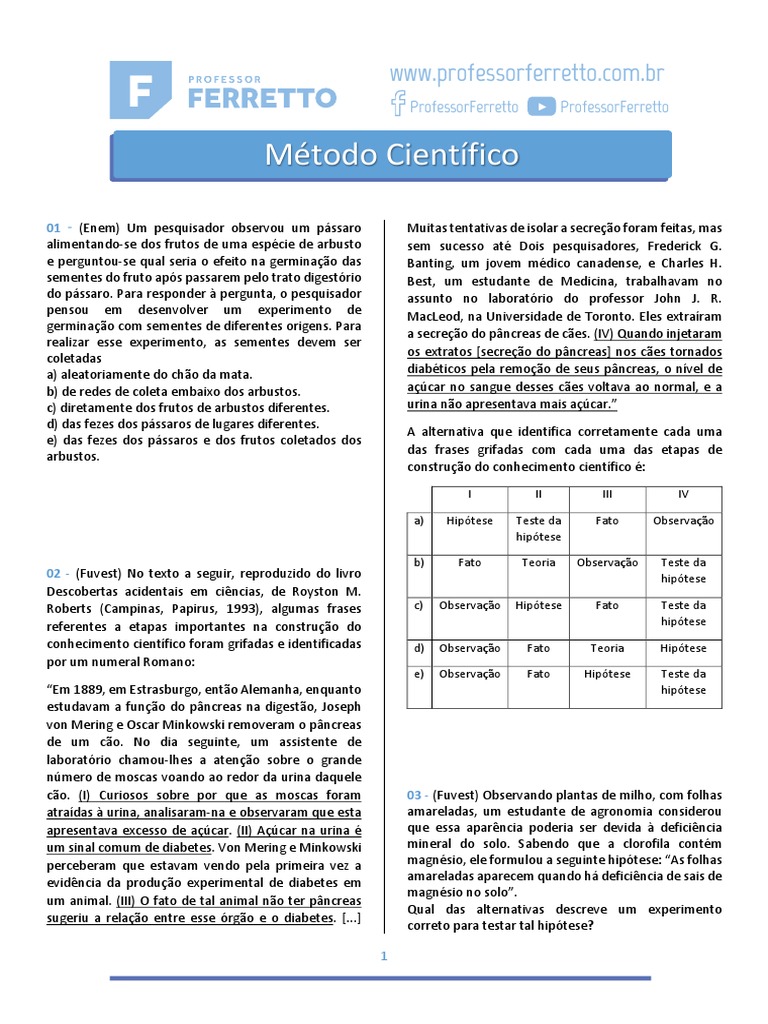 Questões Etapas Do Método Científico | PDF | Teoria | Science