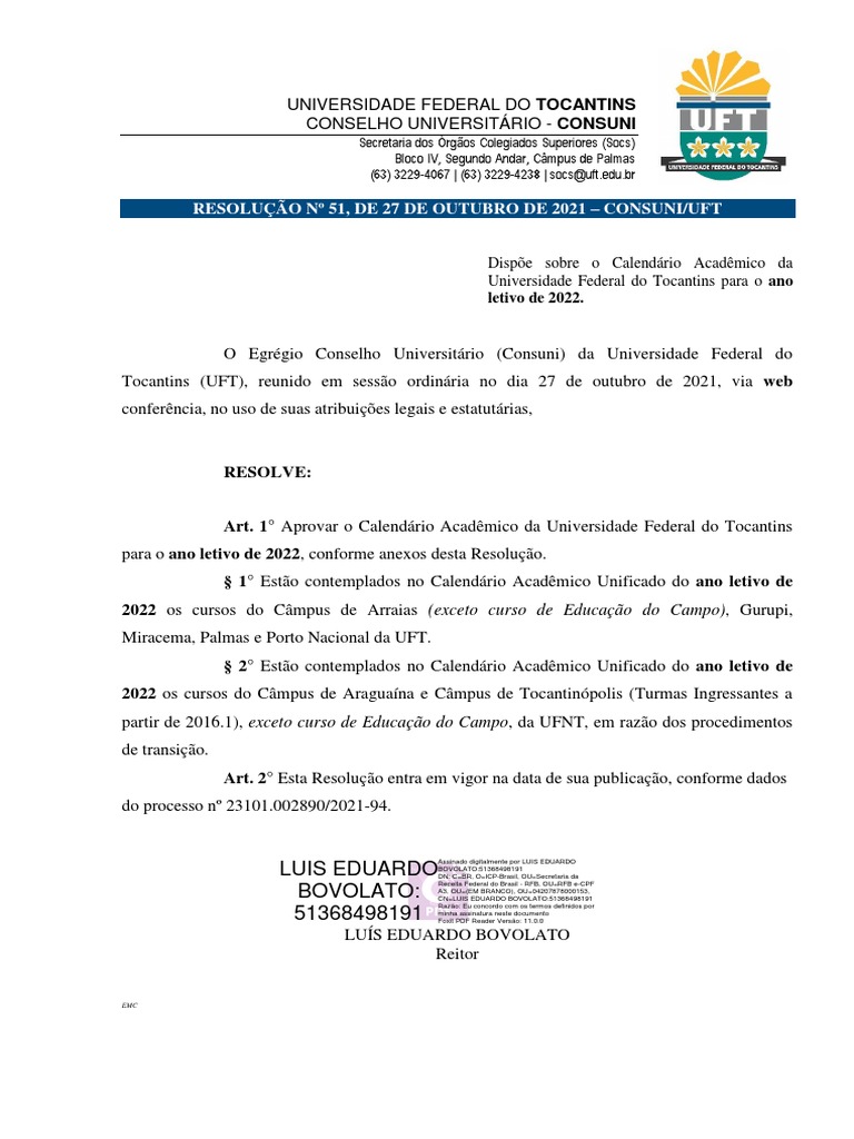 512021 Calendário Acadêmico UFT 2022 ConsuniUFT PDF Brasil