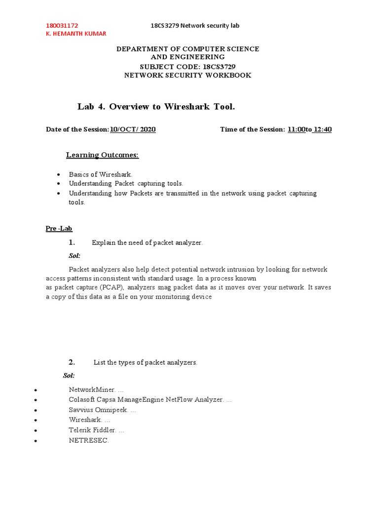 Lab 4. Overview To Wireshark Tool.: Learning Outcomes | PDF ...