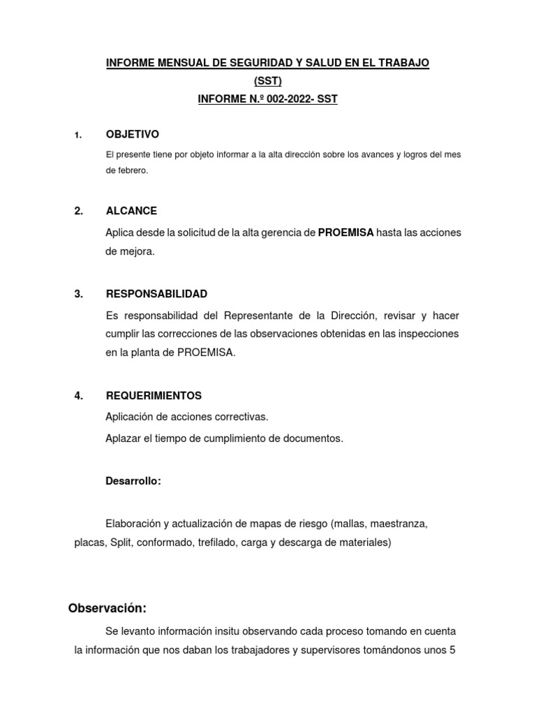 Informe Mensual de Seguridad y Salud en El Trabajo | PDF | Ciencias de ...