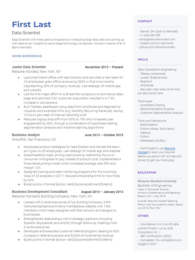 Data Scientist - Entry - Mid Level Template | PDF | Data Science | Business