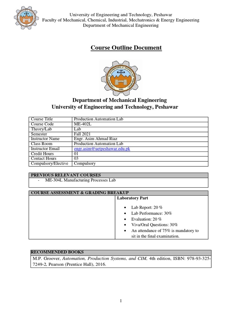Course Outline Document Fall 2021 | PDF | Engineering | Mechanical ...