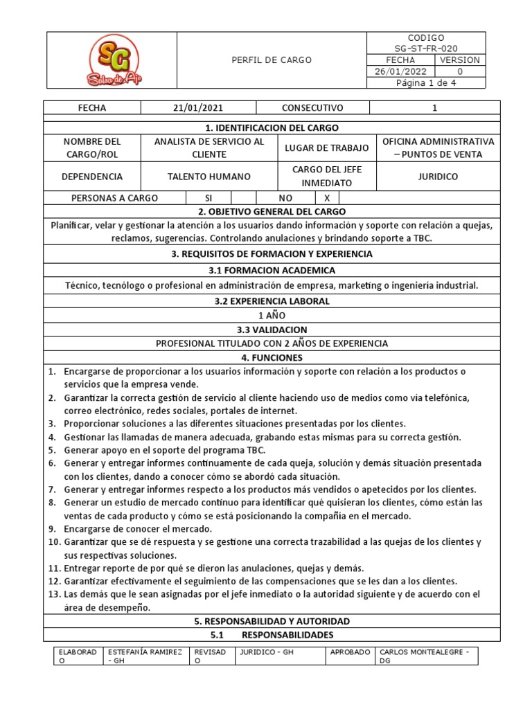 Perfil de Cargo Atencion Al Cliente | PDF | Servicio al Cliente