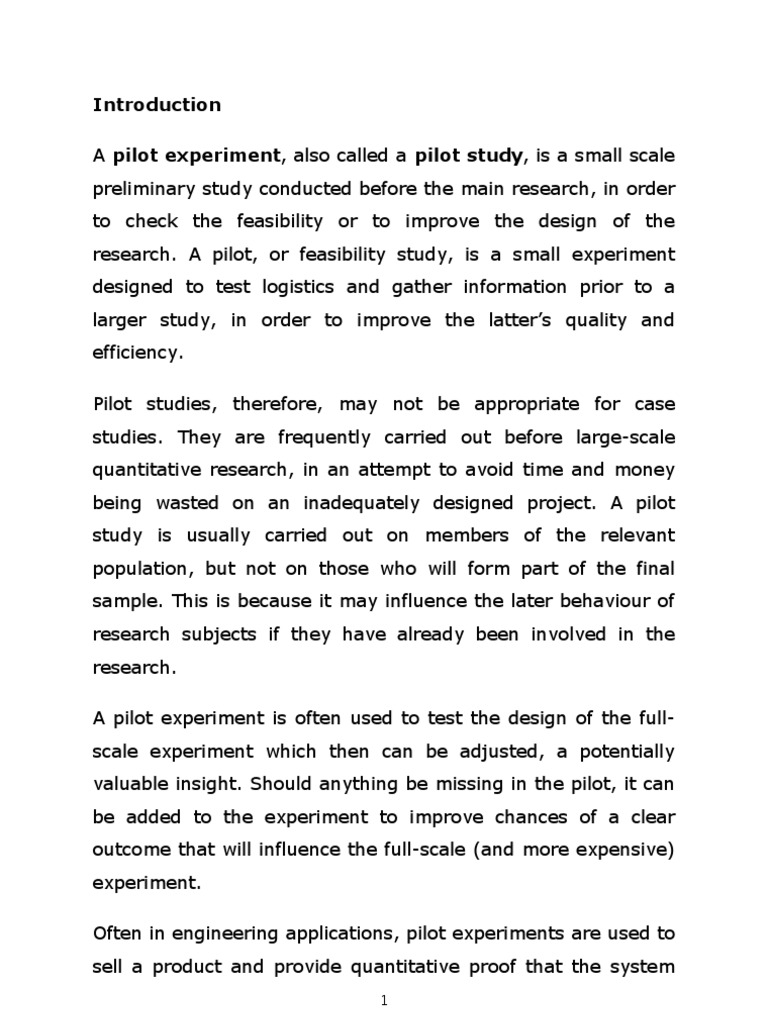 sample of pilot study in research methodology