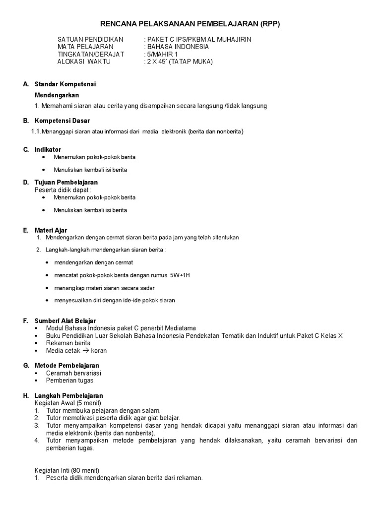 RPP Bahasa Indonesia Paket C 2025 | PDF | Karier & Perkembangan | Seni ...