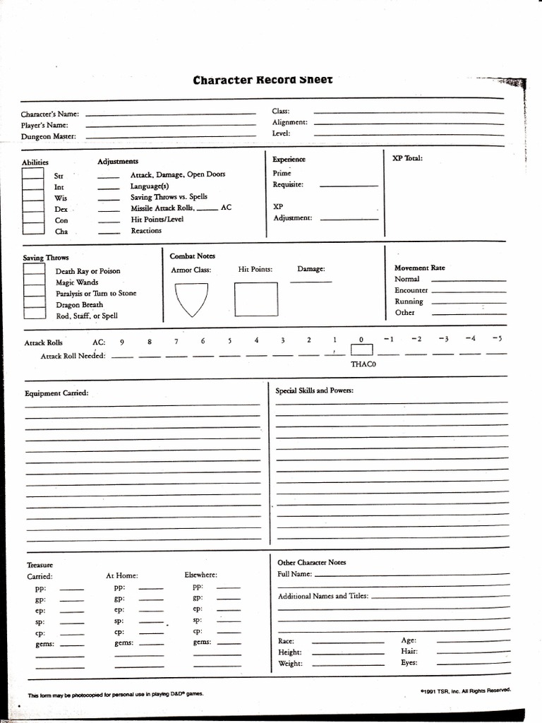 D&D Scheda Rules Cyclopedia PDF Fantasy Games Role Playing