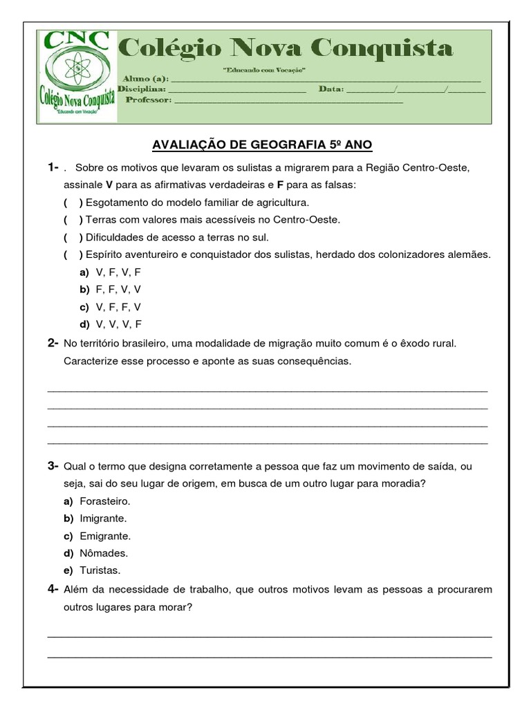 Avaliação de Geografia 5º Ano I Bimestre | PDF | Brasil