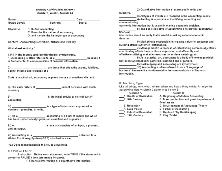 FABM I: Accounting Basics Worksheet | PDF | Accounting | Information