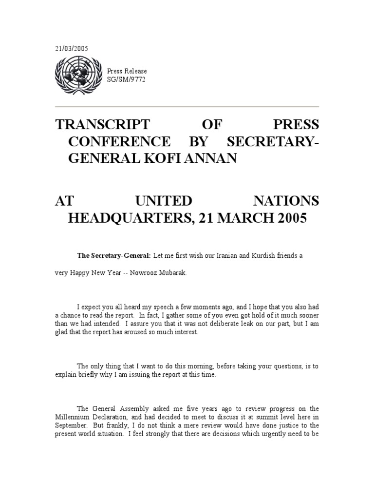 Kofi Annan's 2005 UN Press Conference Transcript | PDF | Responsibility ...