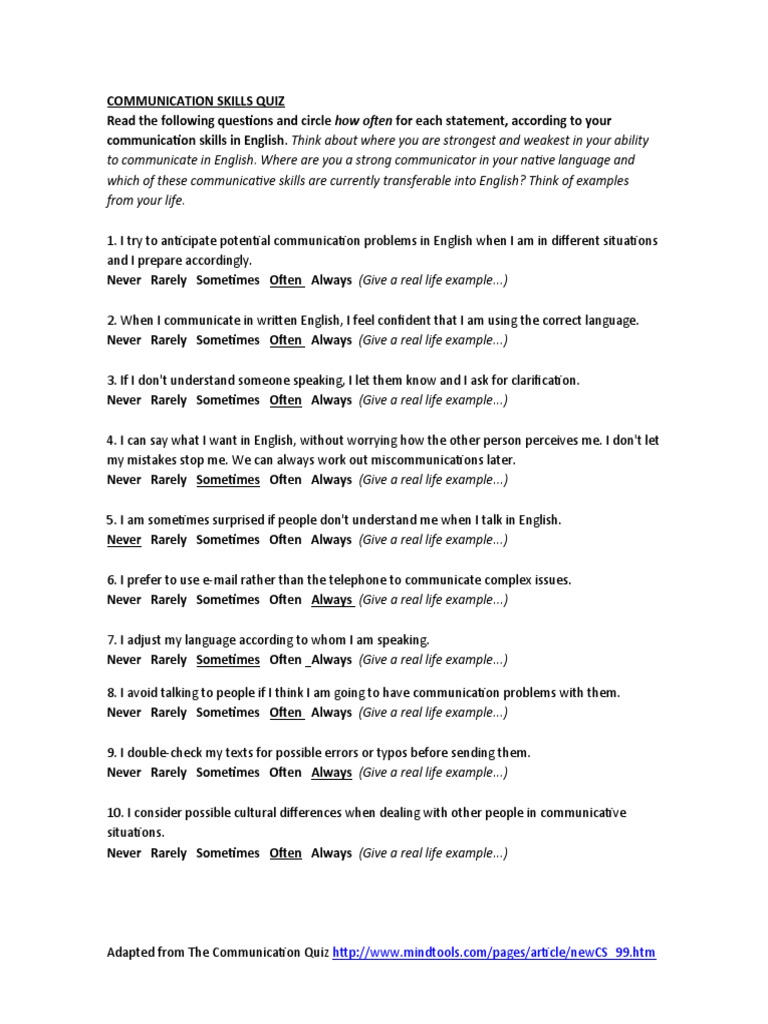 Communication Skills Quiz PDF