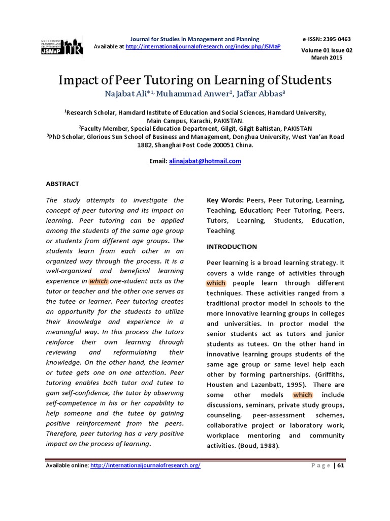 Impact of Peer Tutoring on Student Learning | PDF | Learning | Teachers