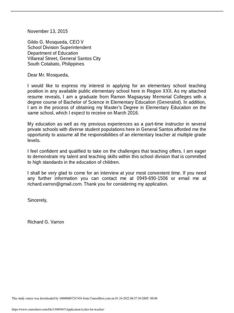 Application for Elementary Teaching Position | PDF | Schools | Academic ...