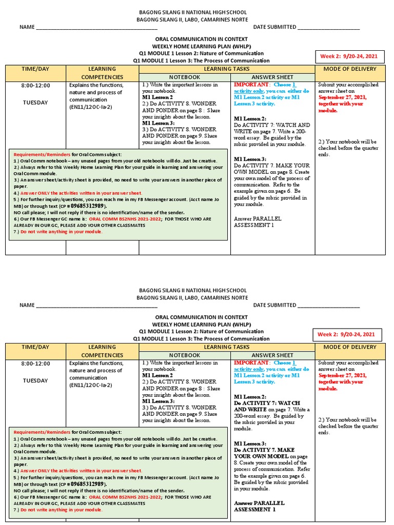 Weekly Learning Plan: Oral Communication | PDF | Communication ...