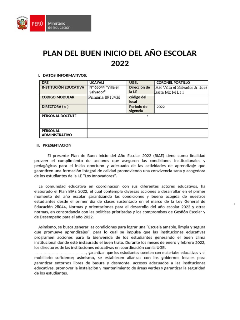 Plan de Buen Inicio Escolar 2022 | PDF | Educación primaria