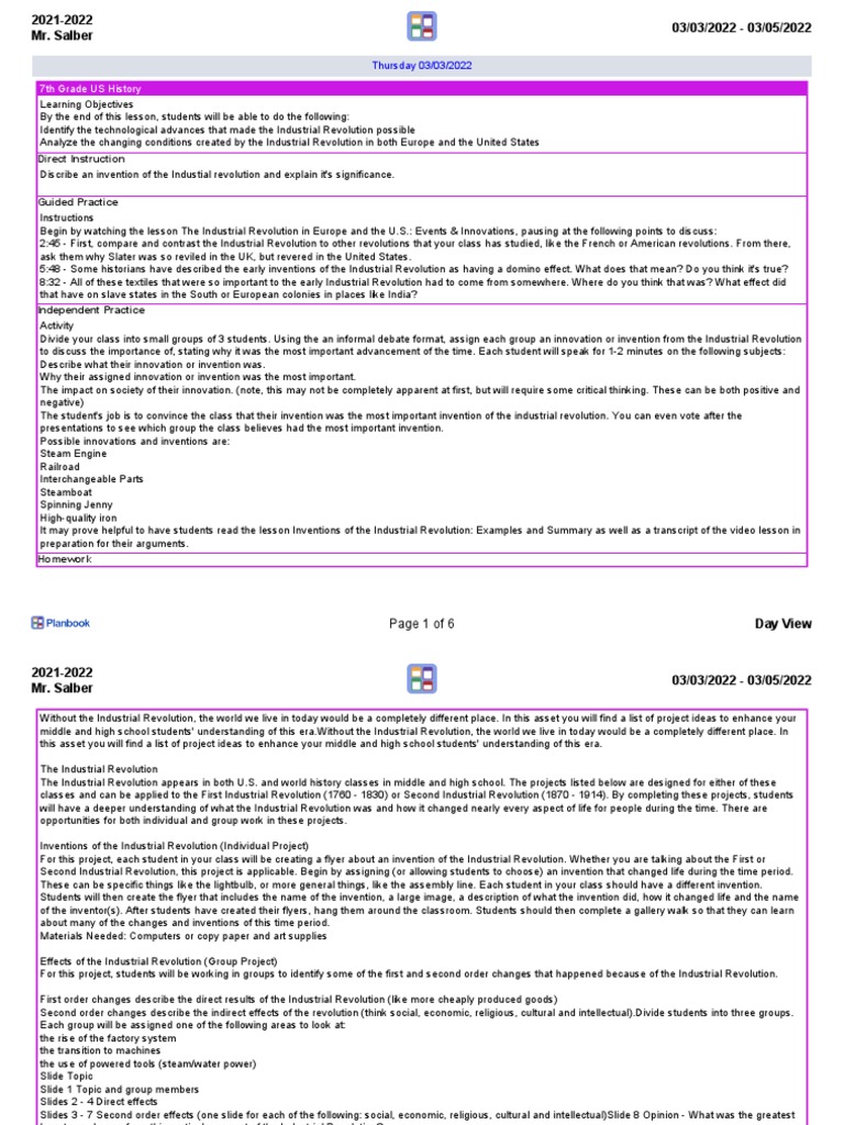 7th Grade US History Q3 Week 8 PDF Industrial Revolution Invention