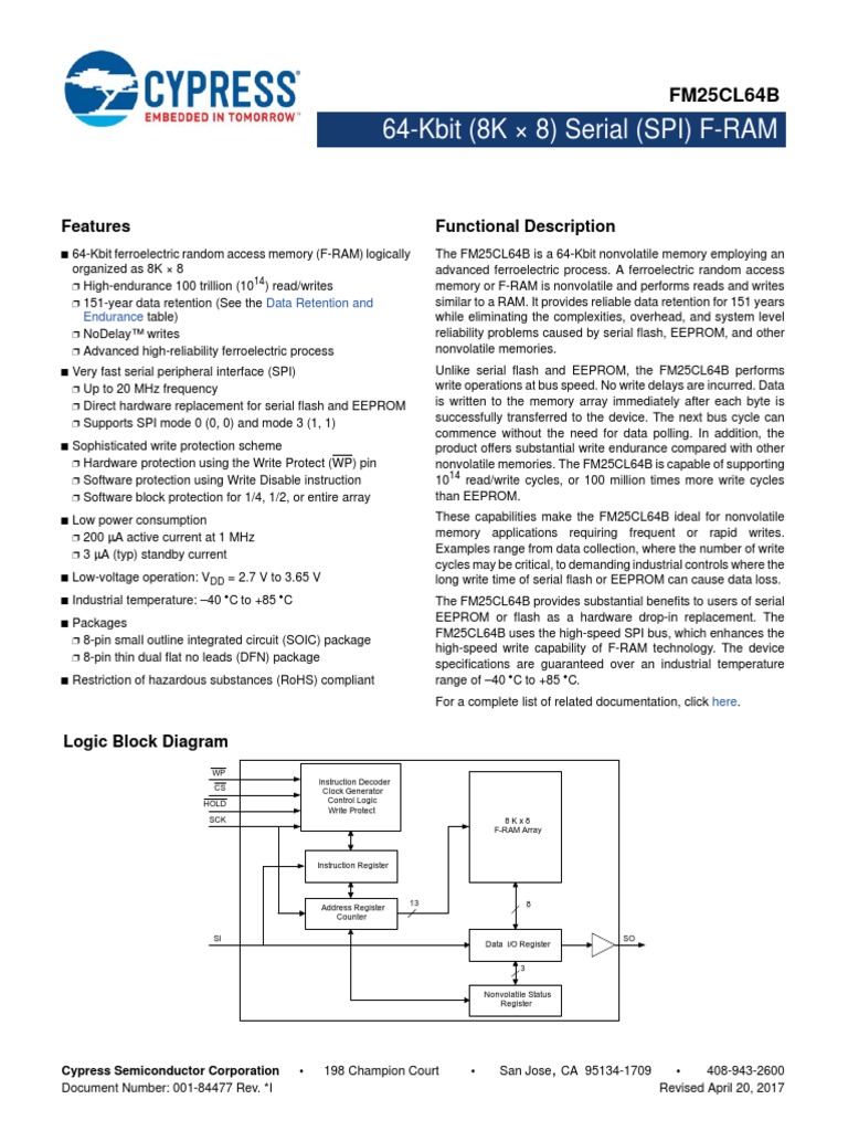 64-Kbit (8K × 8) Serial (SPI) F-RAM: Features Functional Description ...
