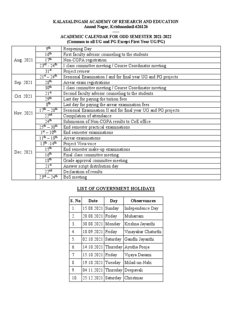 Academic Calender - Odd Sem - 2021-2024 | PDF | Academic Term
