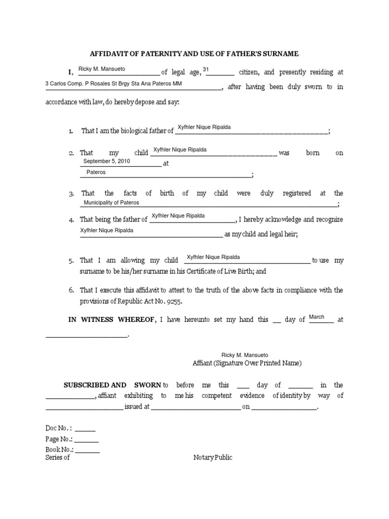 Affidavit of Paternity and Surname Use | PDF | Affidavit | Civil Law ...