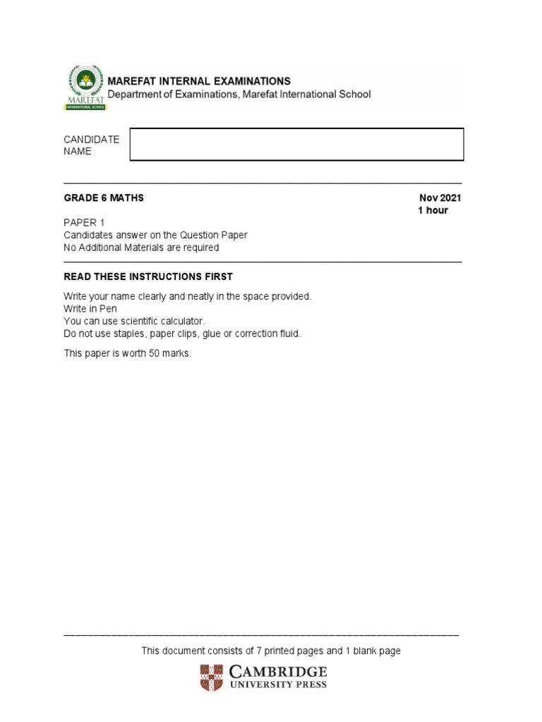Term 1 - Paper 1 Grade 6 | PDF | Mathematics
