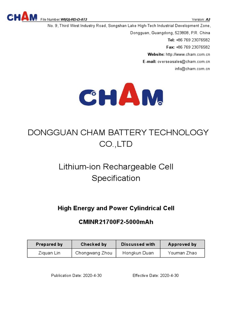 WI (Q) - RD-D-072 CMINR21700F2-5000mAh Specification-20200430 | PDF | Rechargeable Battery | Lithium Ion Battery
