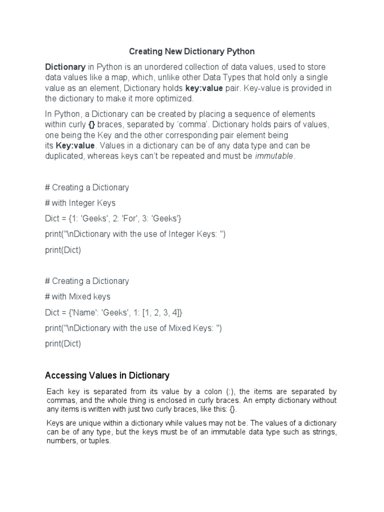 Creating New Dictionary Python Dictionary in Python Is An Unordered ...