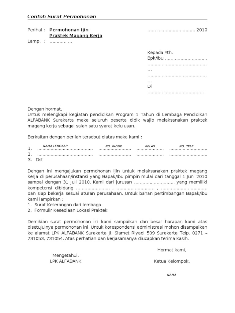 Contoh Surat An Magang