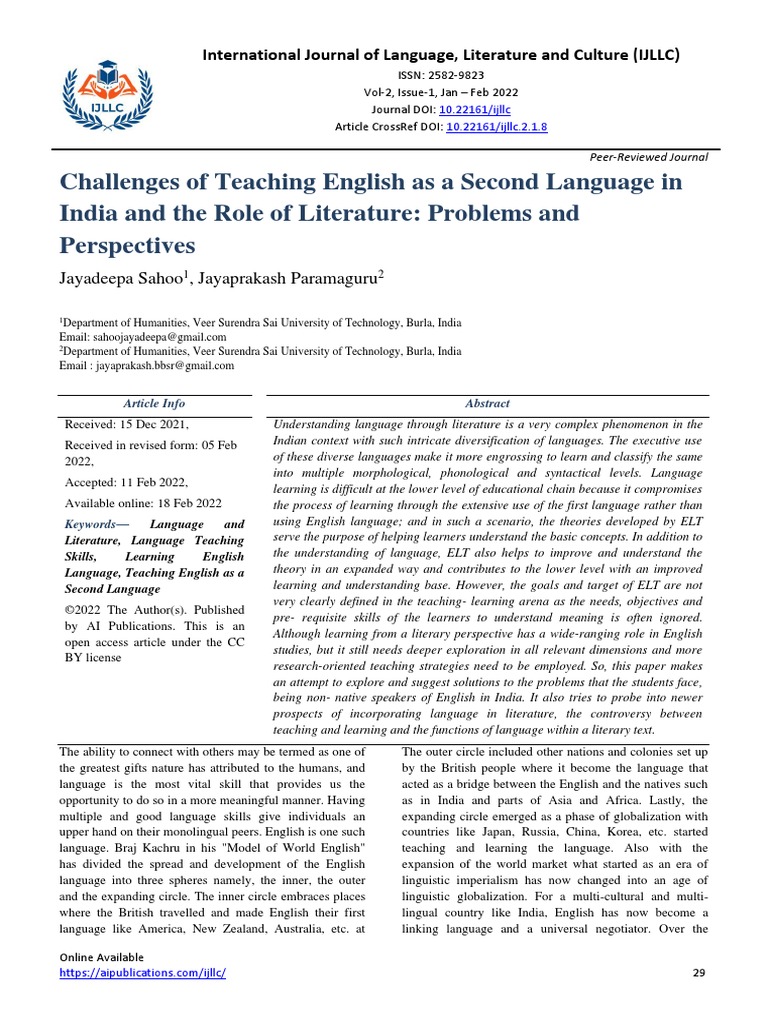 Challenges of Teaching English As A Second Language in India and The ...