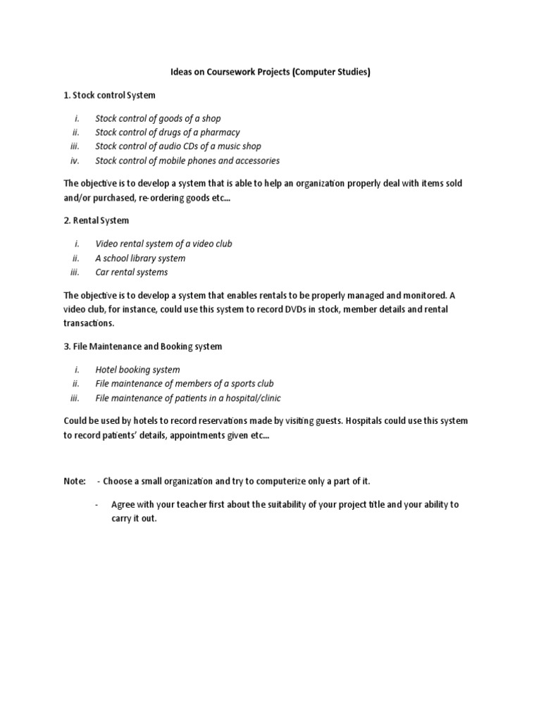 Ideas On Course Work Projects | PDF | Business | Computers