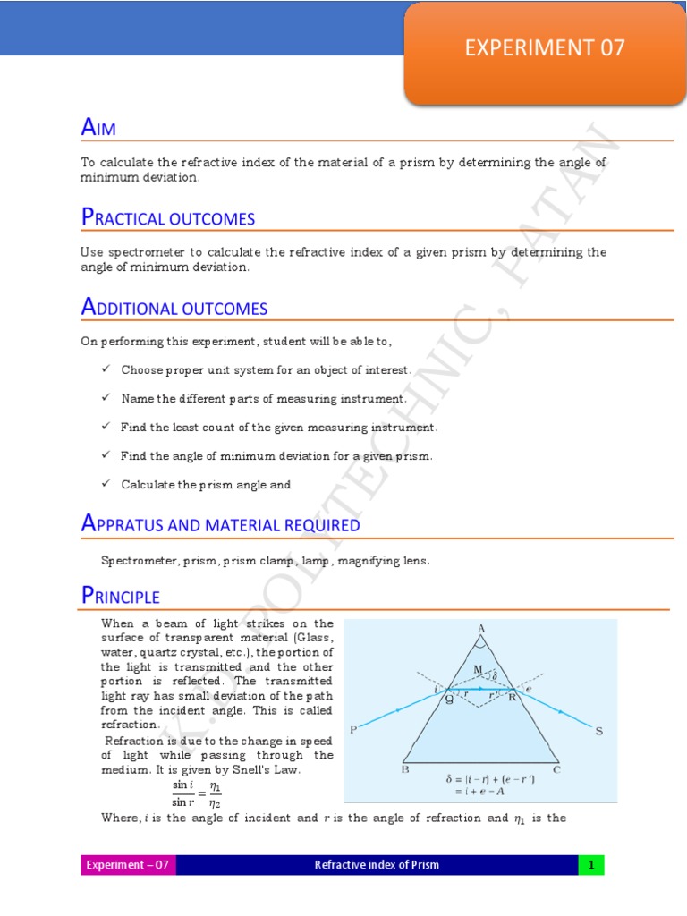 Refractive Index of Prism Experiment | PDF | Prism | Refractive Index
