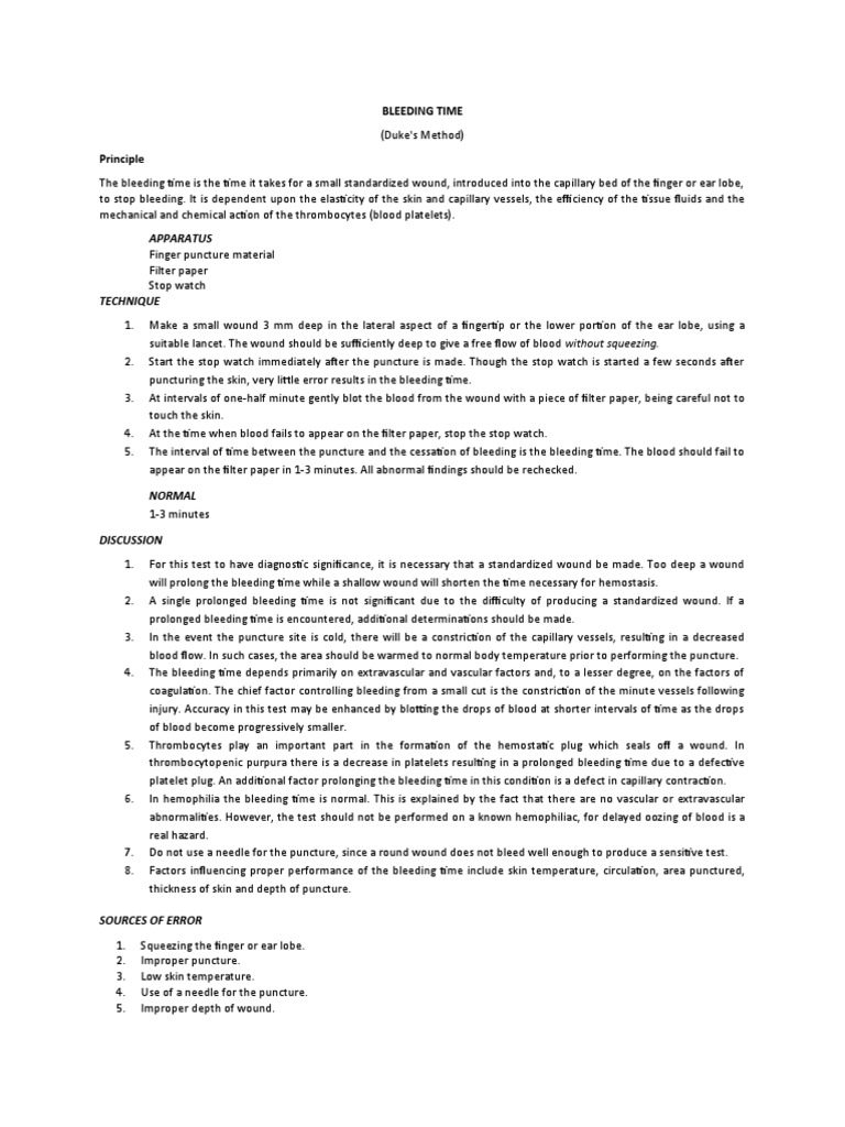 Duke's Method for Measuring Bleeding Time | PDF | Coagulation | Blood ...