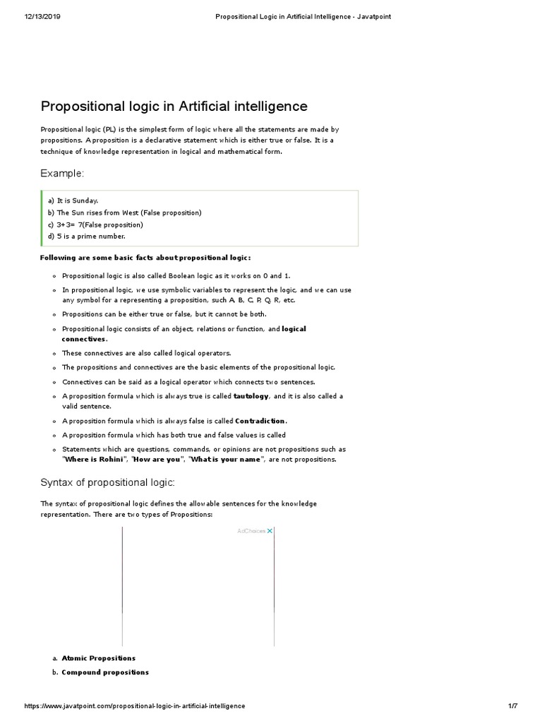 Propositional Logic in AI Explained | PDF | Proposition | Logic