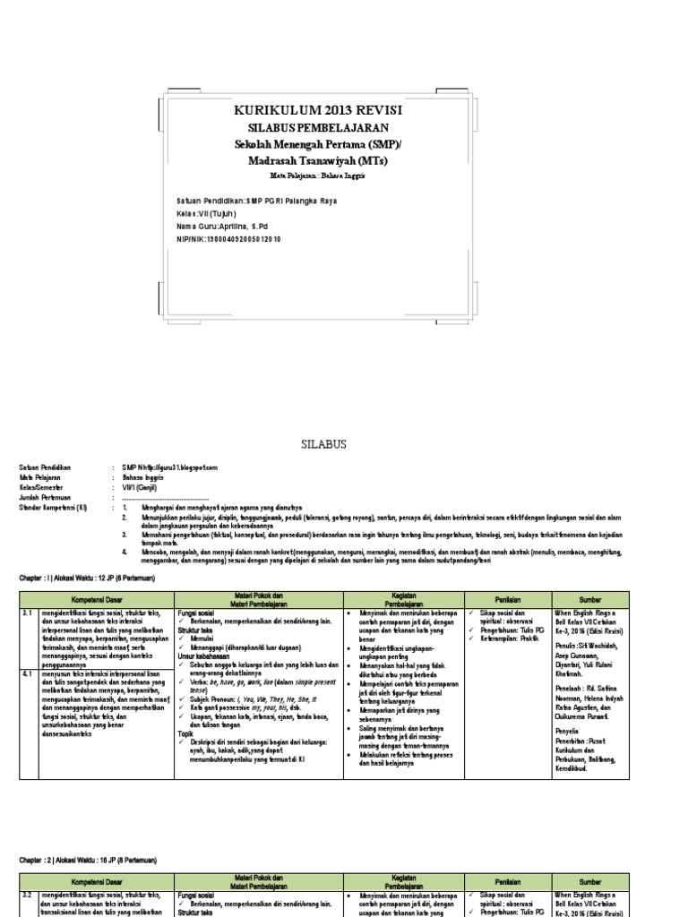 Silabus Bahasa Inggris Kelas 7 (5 Kolom) PDF