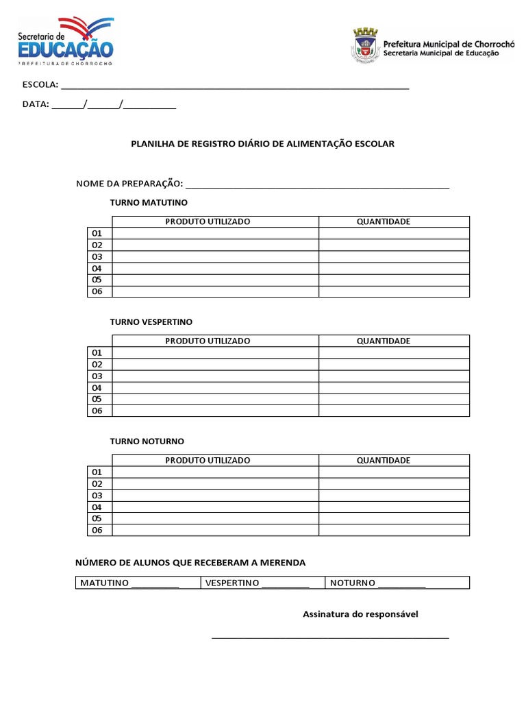 Registro Diário Da Merenda Escolar | PDF, image size:768x1024