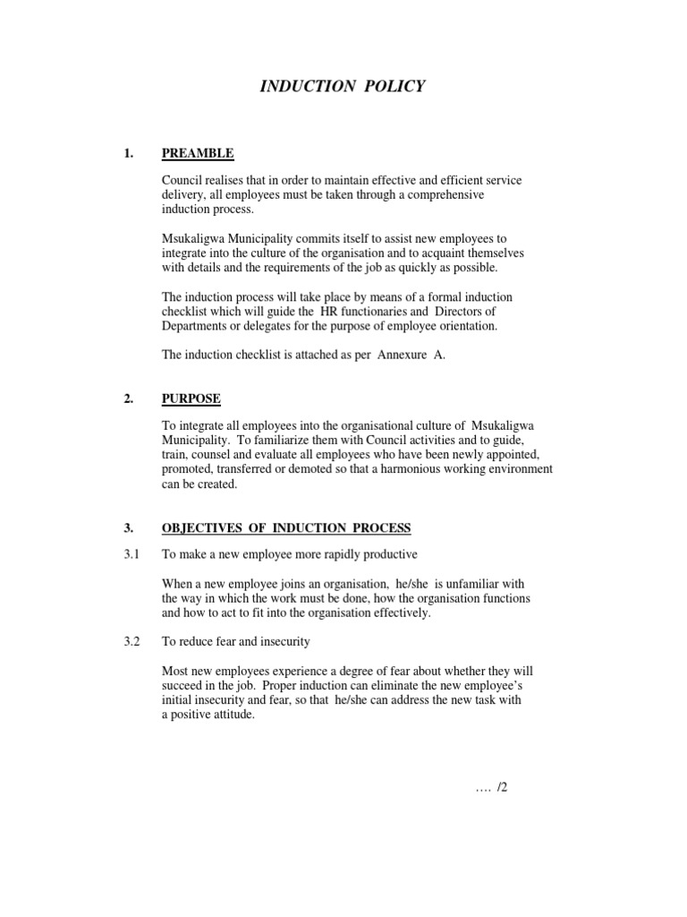 Induction Policy Turnover (Employment) Human Resources