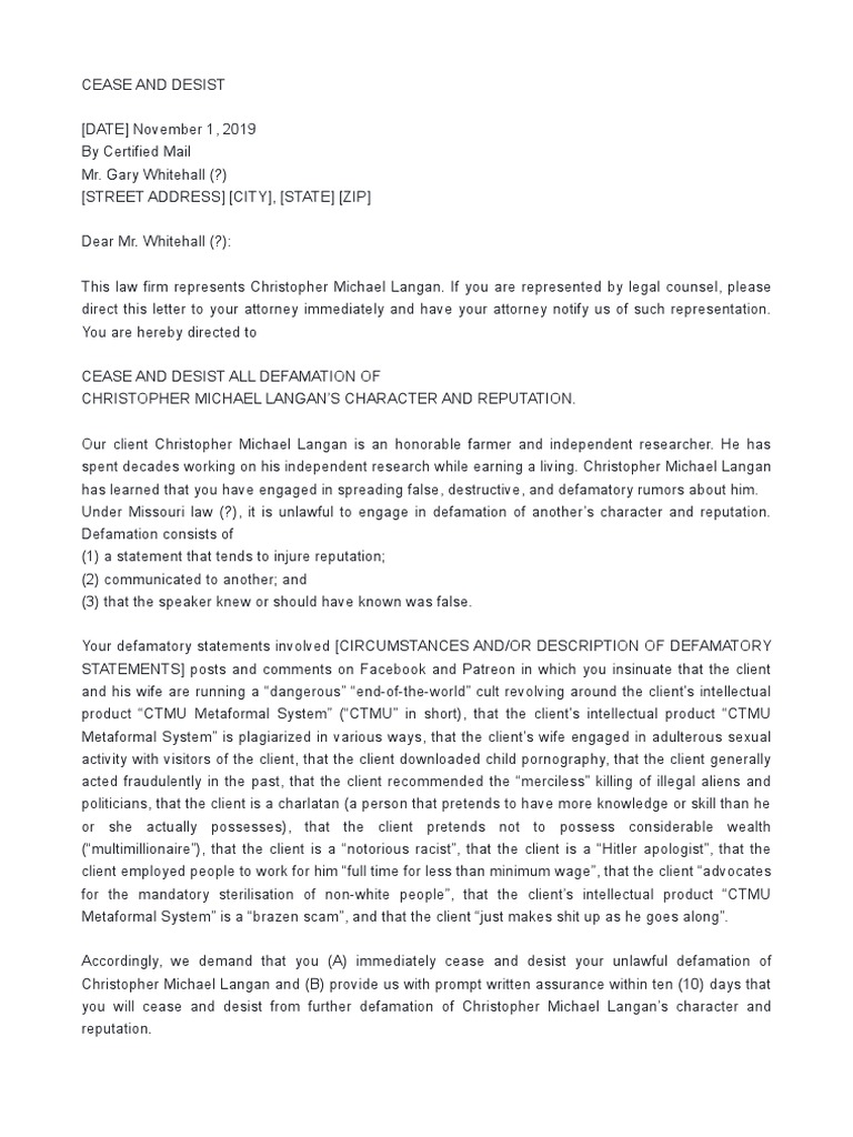 CEASE AND DESIST Example PDF Defamation Legal Remedy