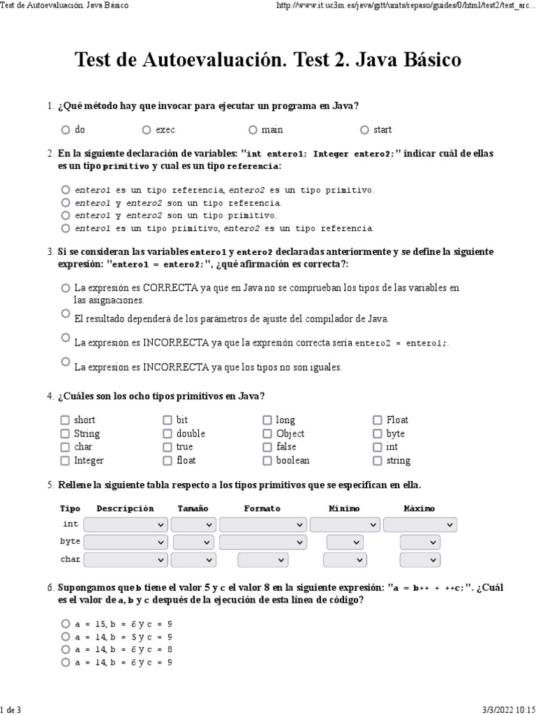 Test de Autoevaluación: Java Básico | PDF | Java (lenguaje de ...