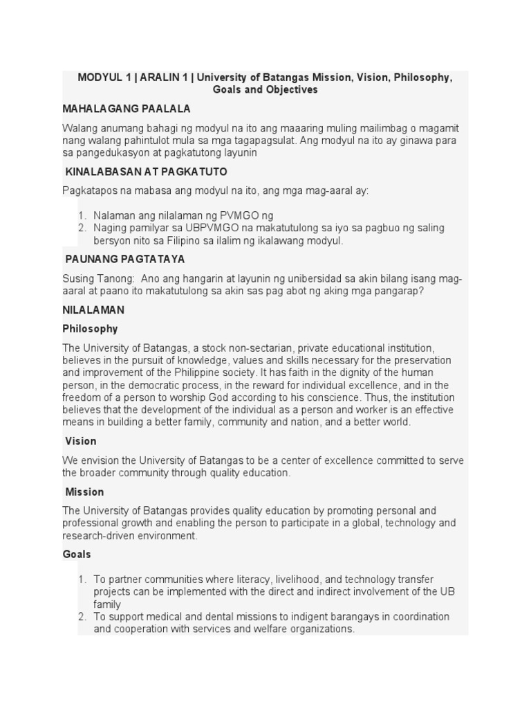 An Overview of the University of Batangas' Mission, Vision, Philosophy