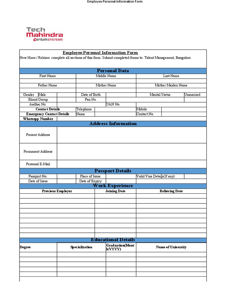 Employee Personal Information Form | PDF