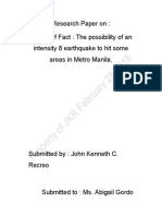Research Paper On: Claims of Fact: The Possibility of An Intensity 8 Earthquake To Hit Some Areas in Metro Manila