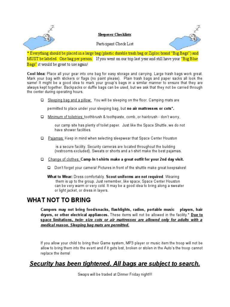 Space Camp Packing List PDF