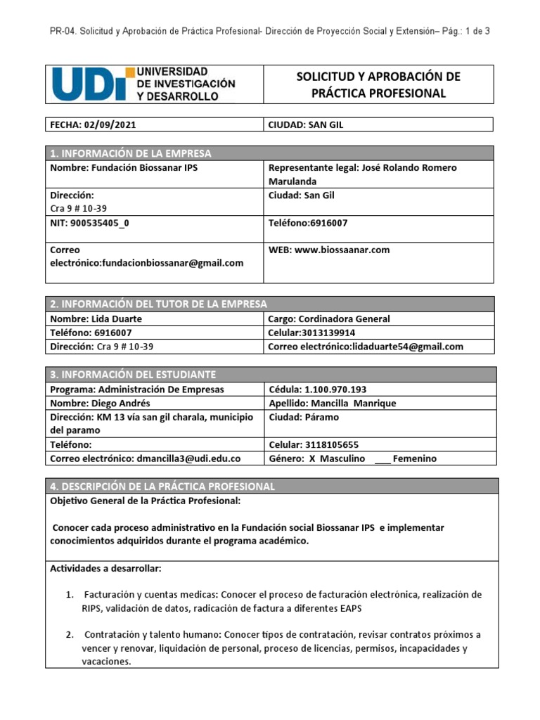 Solicitud de Práctica Profesional UDI | PDF | Crecimiento personal y ...