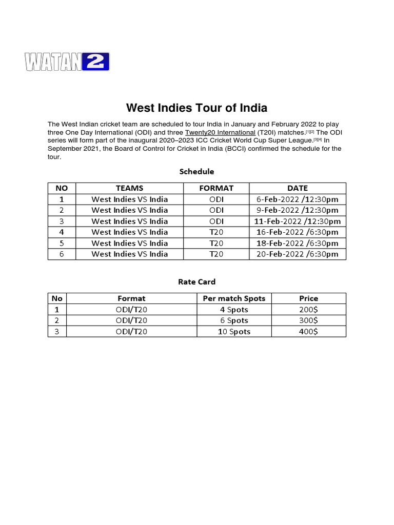 West Indies Tour of India Schedule NO Teams Format Date PDF